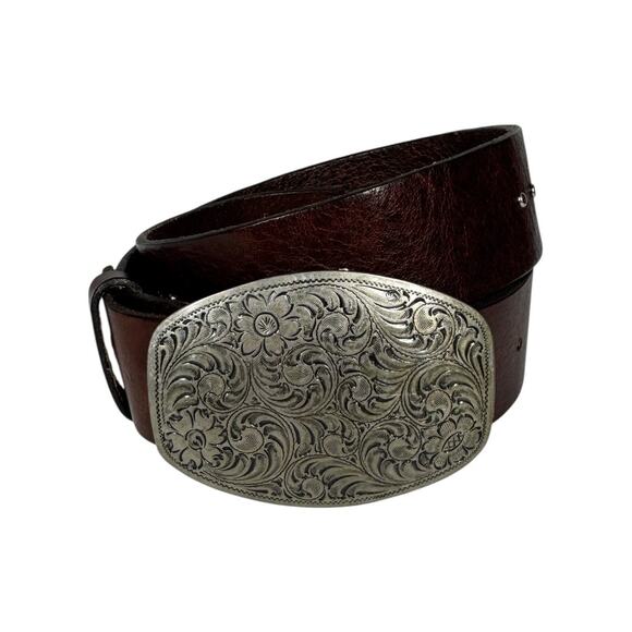 Vintage GAP 90s Leather Western Belt Tooled Buckle Small Brown Studded Boho - Picture 1 of 7